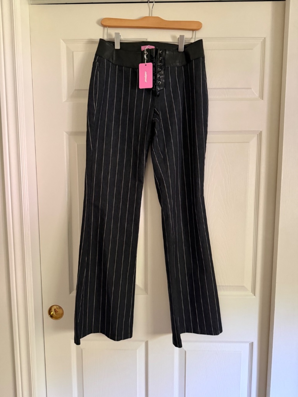 Edikted Pinstripe & Faux Leather Low Rise Flared Jeans - Size S - Picture 5 of 9